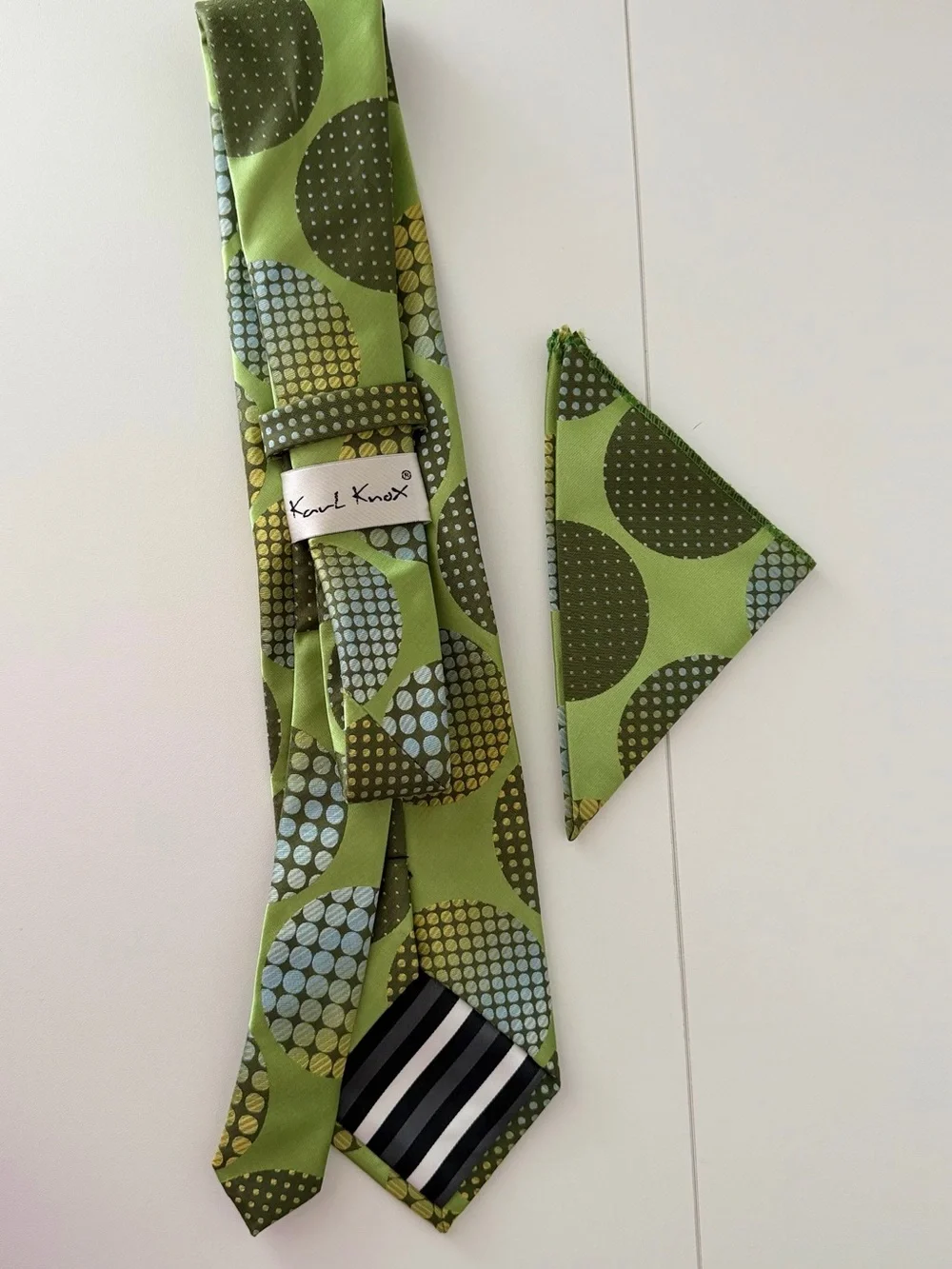 Karl Knox Silk Tie & Pocket Square Set Green Polka Dot Geometric Circle Pattern